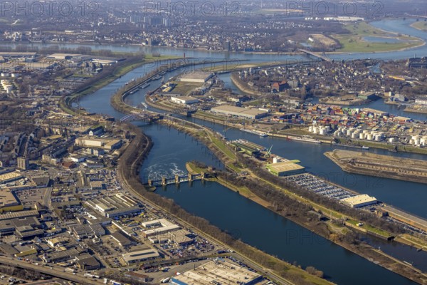 Aerial view, Duisburg harbour, coal island, Duisport, Rhine-Herne Canal, Ruhr, fisheye image, Ruhrort, Duisburg, Ruhr area, North Rhine-Westphalia, Germany, DE, Europe, birds-eyes view, aerial photography, aerial photography, overview, overview, bird's eye view