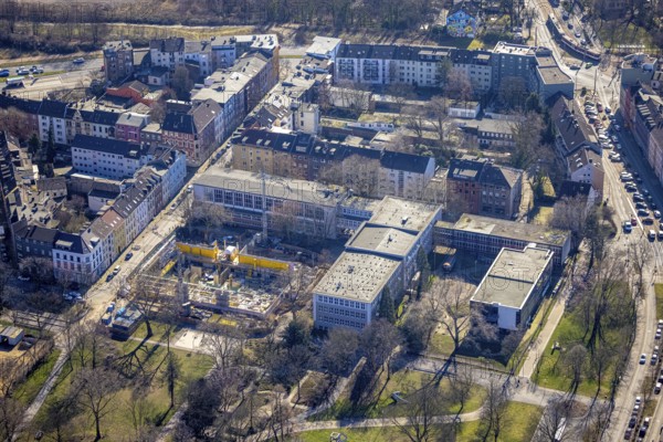 Aerial view, construction site, new building, sports hall Steinbart-Gymnasium, Dellviertel, Duisburg, Ruhr area, North Rhine-Westphalia, Germany, construction work, construction, construction area, building site, building plots, construction measure, construction project, construction site, education, educational institution, DE, Europe, grammar school, teaching institute, aerial view, aerial photography, aerial photography, new building, Realschulstraße, school, overview, bird's eye view, overview