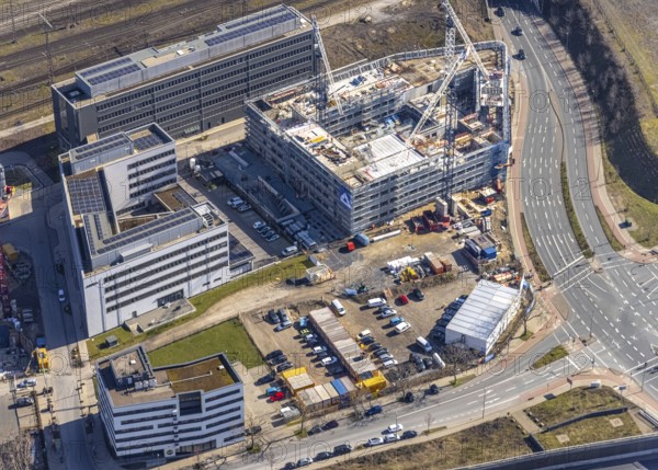Aerial view, construction site Wuhanstraße Quartier 1, State Office for Nature Environment and Consumer Protection North Rhine-Westphalia Lanuv, new office building, Dellviertel, Duisburg, Ruhr area, North Rhine-Westphalia, Germany, B&B Hotel, construction work, construction, construction area, construction site, building plots, construction project, construction project, construction site, DE, Europe, gastronomy, commercial enterprises, commercial area, commercial location, commercial use, hotel, hotel facilities, hotel industry, Lanuv, aerial view, aerial photography, aerial photography, new building, overview, bird's-eye view, bird's-eye view, overview