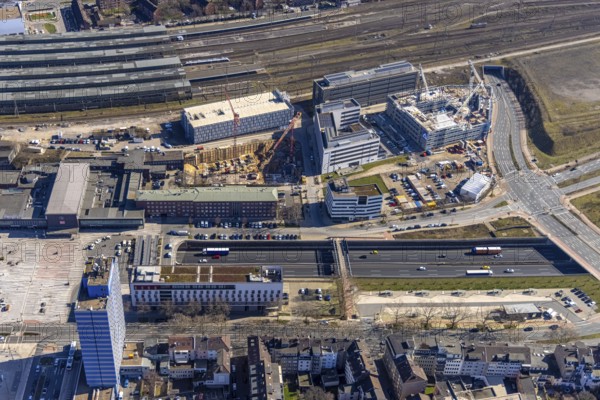 Aerial view, construction site Wuhanstraße Quartier 1, new building Duisburg City Office, University of Applied Sciences for Public Administration, State Office for Nature Environment and Consumer Protection North Rhine-Westphalia Lanuv, new office building, Dellviertel, Duisburg, Ruhr area, North Rhine-Westphalia, Germany, B&B Hotel, construction work, construction, construction area, construction site, building site, building project, construction project, construction site, DCO, DE, Europe, gastronomy, commercial enterprises, commercial area, commercial location, commercial use, hotel, hotel facilities, hotel industry, Lanuv, aerial view, aerial photography, aerial photography, new building, park, overview, bird's-eye view, Zum Portsmouthplatz, birds-eyes view, overview