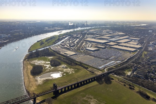 Aerial photo, Duisport, Duisburger Hafen AG, Logport I, container port, Rhine harbour, Friemersheim, Duisburg, Ruhr area, North Rhine-Westphalia, Germany, DE, Europe, birds-eyes view, aerial photograph, aerial photography, aerial photography, overview, bird's-eye view