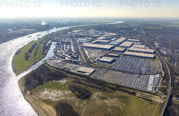 Aerial photo, Duisport, Duisburger Hafen AG, Logport I, container port, Rhine harbour, Friemersheim, Duisburg, Ruhr area, North Rhine-Westphalia, Germany, DE, Europe, birds-eyes view, aerial photograph, aerial photography, aerial photography, overview, bird's-eye view