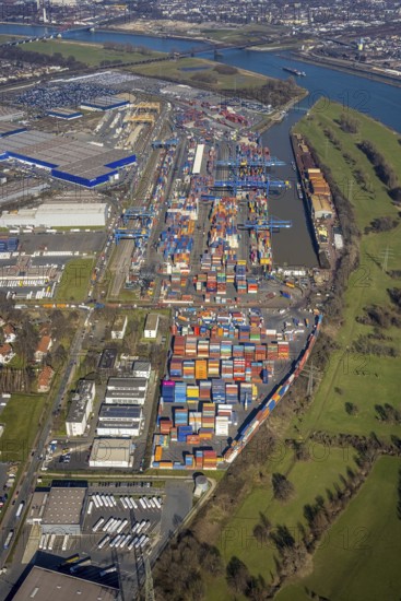 Aerial photo, Duisport, Duisburger Hafen AG, Logport I, container port, Rhine harbour, Friemersheim, Duisburg, Ruhr area, North Rhine-Westphalia, Germany, DE, Europe, birds-eyes view, aerial photograph, aerial photography, aerial photography, overview, bird's eye view
