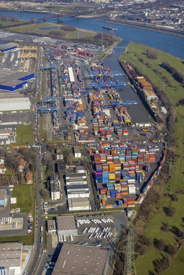 Aerial photo, Duisport, Duisburger Hafen AG, Logport I, container port, Rhine harbour, Friemersheim, Duisburg, Ruhr area, North Rhine-Westphalia, Germany, DE, Europe, birds-eyes view, aerial photograph, aerial photography, aerial photography, overview, bird's eye view