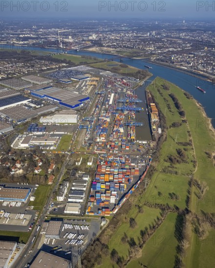 Aerial photo, Duisport, Duisburger Hafen AG, Logport I, container port, Rhine harbour, Friemersheim, Duisburg, Ruhr area, North Rhine-Westphalia, Germany, DE, Europe, birds-eyes view, aerial photograph, aerial photography, aerial photography, overview, bird's eye view