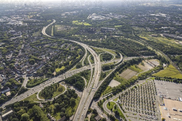 Aerial view, motorway junction Duisburg-Nord, A42 and A59, Obermeiderich, Duisburg, Ruhr area, North Rhine-Westphalia, Germany, motorway A42, motorway A59, motorway junction, DE, Europe, aerial view, aerial photography, aerial photography, road traffic, overview, traffic volume, bird's eye view, birds-eyes view, overview