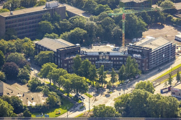 Aerial view, construction site for planned office building, former municipal swimming pool Hamborn, Duisburger Straße corner Walther-Rathenau-Straße, Obermarxloh, Duisburg, Ruhr area, North Rhine-Westphalia, Germany, construction work, construction area, construction site, building plots, construction project, construction site, DE, Europe, aerial view, aerial photography, aerial photography, new building, overview, bird's-eye view, birds-eyes view, overview