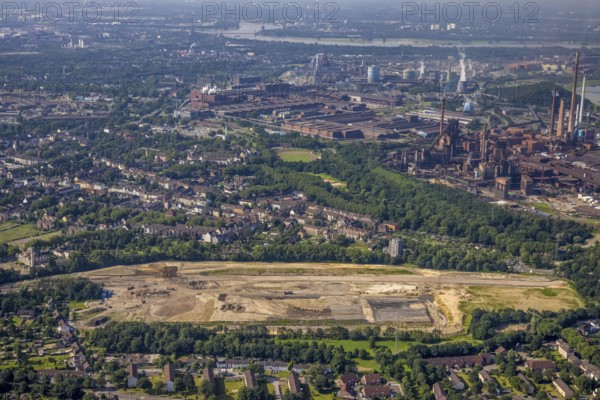 Aerial view, brownfield revitalisation commercial area Friedrich-Park, planned thoroughfare, DITIB Merkez Mosque, Marxloh, Duisburg, Ruhr area, North Rhine-Westphalia, Germany, place of worship, construction work, construction area, building site, building plots, construction project, DE, Europe, commercial enterprises, commercial area, commercial area, commercial park, commercial site, commercial use, religious community, place of worship, holy place, industrial area, industrial site, church, parish, denomination, aerial view, aerial photography, aerial photography, religion, religious site, overview, bird's-eye view, birds-eyes view, overview
