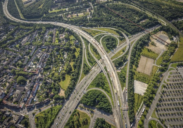 Aerial view, motorway junction Duisburg-Nord, A42 and A59, Obermeiderich, Duisburg, Ruhr area, North Rhine-Westphalia, Germany, motorway A42, motorway A59, motorway junction, DE, Europe, aerial view, aerial photography, aerial photography, road traffic, overview, traffic volume, bird's eye view, birds-eyes view, overview