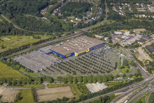Aerial view, Ikea furniture store at Duisburg-Nord motorway junction, A42 and A59, Obermeiderich, Duisburg, Ruhr area, North Rhine-Westphalia, Germany, A42 motorway, A59 motorway, motorway junction, DE, furniture store, Europe, commercial enterprises, commercial space, commercial area, commercial location, commercial use, industrial area, industrial location, aerial view, aerial photography, aerial photography, furniture store, road traffic, overview, traffic volume, bird's eye view, birds-eyes view, overview