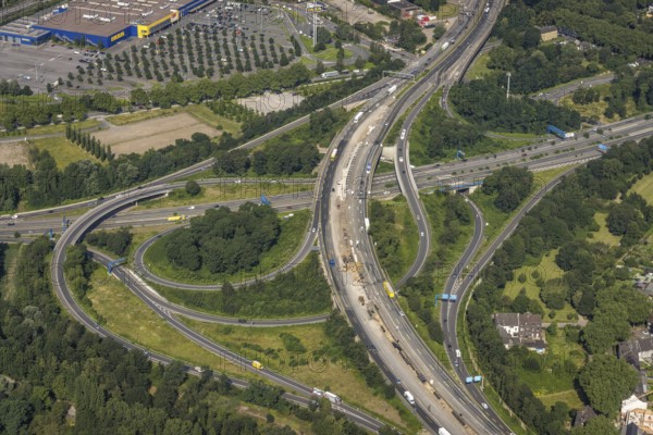 Aerial view, motorway junction Duisburg-Nord, A42 and A59, Obermeiderich, Duisburg, Ruhr area, North Rhine-Westphalia, Germany, motorway A42, motorway A59, motorway junction, DE, Europe, aerial view, aerial photography, aerial photography, road traffic, overview, traffic volume, bird's eye view, birds-eyes view, overview