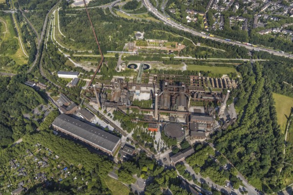 Aerial view, LaPaDu - Landschaftspark Duisburg-Nord, Obermeiderich, Duisburg, Ruhr area, North Rhine-Westphalia, Germany, activity centre, DE, Europe, leisure centre, aerial view, aerial photography, aerial photography, park, overview, bird's-eye view, birds-eyes view, former ironworks, overview