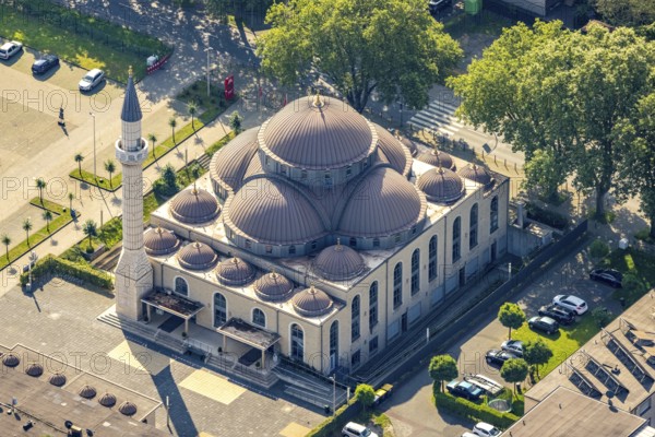 Aerial view, DITIB Merkez Mosque, Marxloh, Duisburg, Ruhr area, North Rhine-Westphalia, Germany, place of worship, DE, Europe, religious community, place of worship, holy place, church, parish, denomination, aerial view, aerial photography, aerial photography, religion, religious site, overview, bird's-eye view, overview