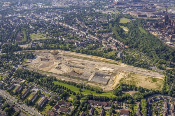 Aerial view, brownfield revitalisation commercial area Friedrich-Park, planned thoroughfare, DITIB Merkez Mosque, Marxloh, Duisburg, Ruhr area, North Rhine-Westphalia, Germany, place of worship, construction work, construction area, building site, building plots, construction project, DE, Europe, commercial enterprises, commercial area, commercial area, commercial park, commercial site, commercial use, religious community, place of worship, holy place, industrial area, industrial site, church, parish, denomination, aerial view, aerial photography, aerial photography, religion, religious site, overview, bird's-eye view, birds-eyes view, overview