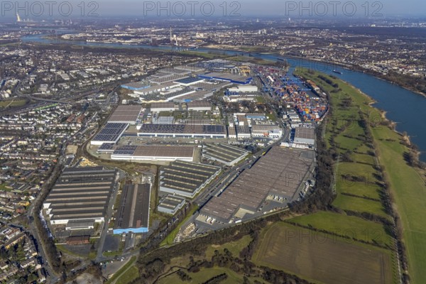 Aerial photo, Duisport, Duisburger Hafen AG, Logport I, container port, Rhine harbour, Friemersheim, Duisburg, Ruhr area, North Rhine-Westphalia, Germany, DE, Europe, birds-eyes view, aerial photograph, aerial photography, aerial photography, overview, bird's eye view