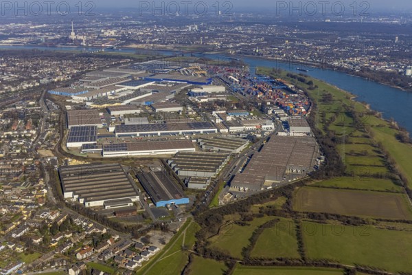 Aerial photo, Duisport, Duisburger Hafen AG, Logport I, container port, Rhine harbour, Friemersheim, Duisburg, Ruhr area, North Rhine-Westphalia, Germany, DE, Europe, birds-eyes view, aerial photograph, aerial photography, aerial photography, overview, bird's eye view