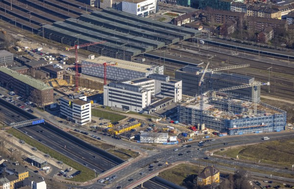 Aerial view, construction site Wuhanstraße Quartier 1, new building Duisburg City Office, University of Applied Sciences for Public Administration, State Office for Nature Environment and Consumer Protection North Rhine-Westphalia Lanuv, new office building, Dellviertel, Duisburg, Ruhr area, North Rhine-Westphalia, Germany, B&B Hotel, construction work, construction, construction area, construction site, building site, building project, construction project, construction site, DCO, DE, Europe, gastronomy, commercial enterprises, commercial area, commercial location, commercial use, hotel, hotel facilities, hotel industry, Lanuv, aerial view, aerial photography, aerial photography, new building, overview, bird's eye view, Zum Portsmouthplatz, birds-eyes view, overview