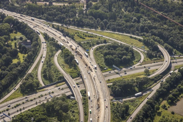 Aerial view, motorway junction Duisburg-Nord, A42 and A59, Obermeiderich, Duisburg, Ruhr area, North Rhine-Westphalia, Germany, motorway A42, motorway A59, motorway junction, DE, Europe, aerial view, aerial photography, aerial photography, road traffic, overview, traffic volume, bird's eye view, birds-eyes view, overview
