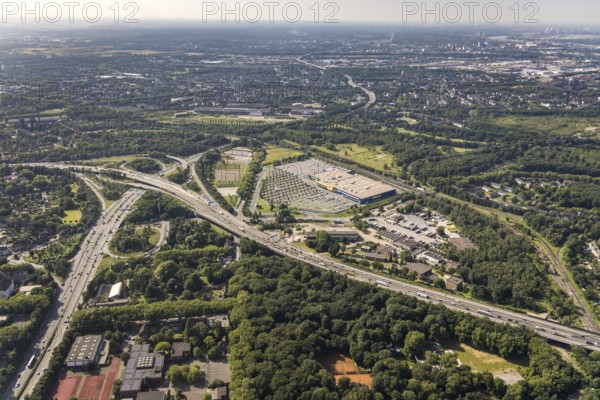 Aerial view, Ikea furniture store at Duisburg-Nord motorway junction, A42 and A59, Obermeiderich, Duisburg, Ruhr area, North Rhine-Westphalia, Germany, motorway A42, motorway A59, motorway junction, DE, furniture store, Europe, commercial enterprises, commercial area, commercial location, commercial use, industrial area, industrial location, aerial view, aerial photography, aerial photography, furniture store, road traffic, overview, traffic volume, bird's eye view, birds-eyes view, overview