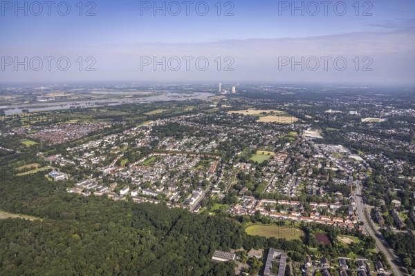 Aerial view, district Vierlinden, STEAG cogeneration plant Walsum, Duisburg, Ruhr area, North Rhine-Westphalia, Germany, DE, Europe, property tax, real estate, aerial view, aerial photography, aerial photography, overview, bird's-eye view, housing estate, housing and living, residential area, residential buildings, housing quality, housing estate, birds-eyes view, overview