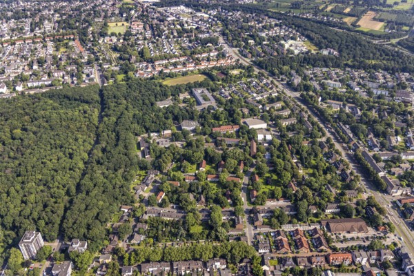 Aerial view, residential area with Kopernikus Gymnasium Walsum and comprehensive school Walsum in Aldenrade, Duisburg, Ruhr area, North Rhine-Westphalia, Germany, education, educational institution, DE, Europe, comprehensive school, property tax, grammar school, real estate, educational institute, aerial view, aerial photography, aerial photography, school, overview, bird's eye view, forest area, residential area, living and life, residential area, residential buildings, residential quality, housing estate, birds-eyes view, overview