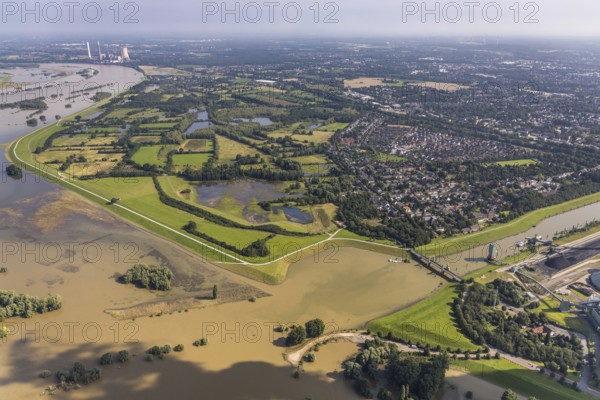 Aerial view, flood river Rhine, flooding floodplain Rhine Walsum, lift bridge Königstraße Walsum at the north harbour Walsum, Alt-Walsum, Duisburg, Ruhr area, North Rhine-Westphalia, Germany, bridge, DE, Europe, flood, flood of the century, landscape conservation area, aerial photograph, aerial photography, aerial photography, nature reserve, water level Duisburg, Rhine flood, heavy rain, overview, bird's eye view, overview, flooding