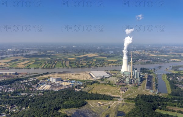 Aerial view, STEAG Walsum CHP plant, development and new logport VI warehouses, Rhine river, Alt-Walsum, Duisburg, Ruhr area, North Rhine-Westphalia, Germany