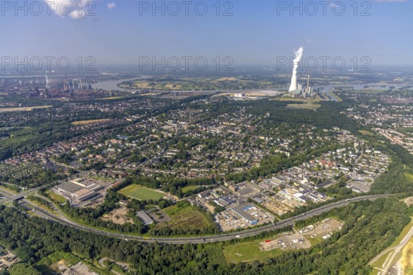 Aerial view, STEAG Walsum cogeneration plant, development and new warehouses logport VI, river Rhine, district Aldenrade, Duisburg, Ruhr area, North Rhine-Westphalia, Germany, construction work, construction area, construction site, building plots, construction project, construction site, DE, vapour cloud, development, Europe, commercial area, commercial area, commercial use, cogeneration plant, industrial plant, industrial area, industrial site, capacity requirements, aerial view, aerial photography, aerial photography, new construction, smoke cloud, overview, bird's-eye view, birds-eyes view, former Walsum colliery, logport VI, overview