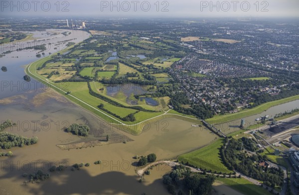 Aerial view, flood river Rhine, north harbour Walsum, Rheinaue and Alt-Walsum with view to STEAG power plant Voerde, Bärl, Duisburg, Ruhr area, North Rhine-Westphalia, Germany, DE, Europe, flood, flood of the century, power plant, aerial view, aerial photography, aerial photography, gauge Duisburg, Rhine flood, heavy rain, overview, bird's-eye view, overview, flooding