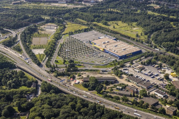 Aerial view, Ikea furniture store at Duisburg-Nord motorway junction, A42 and A59, Obermeiderich, Duisburg, Ruhr area, North Rhine-Westphalia, Germany, motorway A42, motorway A59, motorway junction, DE, furniture store, Europe, commercial enterprises, commercial area, commercial location, commercial use, industrial area, industrial location, aerial view, aerial photography, aerial photography, furniture store, road traffic, overview, traffic volume, bird's eye view, birds-eyes view, overview