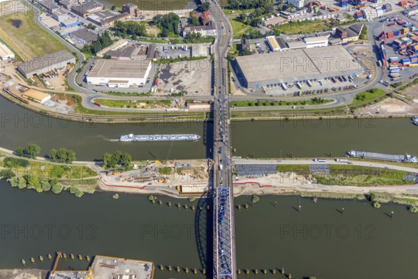 Aerial view, Ruhrort harbour, Karl-Lehr-Bridge, construction site Pontwert, Ruhrort, Duisburg, Ruhr area, North Rhine-Westphalia, Germany, construction work, construction area, construction site, building plots, construction measure, construction project, construction site, inland port, bridge, DE, Europe, harbour, roundabout, roundabout, aerial view, aerial photography, aerial photography, overview, bird's eye view, birds-eyes view, overview