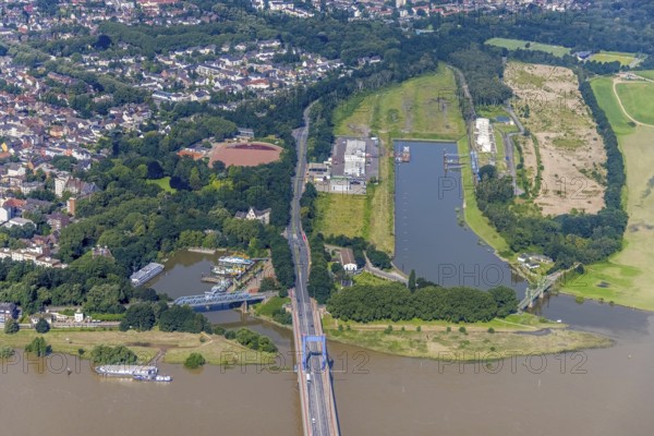 Aerial view, Rheinpreußenhafen, fire and rescue station 5 Homberg, lift bridge Dammstraße, Ruhrort, Duisburg, Ruhr area, North Rhine-Westphalia, Germany, inland port, fire fighter, fire protection, fire station, bridge, DE, Europe, fire station, fire brigade, harbour, aerial view, aerial photography, aerial photography, rescue station, overview, bird's-eye view, overview