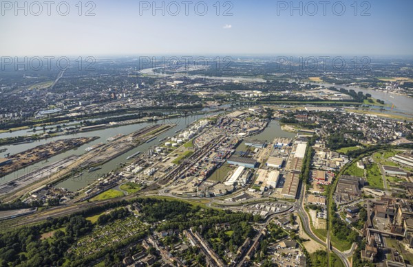 Aerial view, Ruhrort harbour, DUSS terminal, harbour canal, river Ruhr mouth into the river Rhine, Ruhrort, Duisburg, Ruhr area, North Rhine-Westphalia, Germany, inland port, DE, Europe, harbour, aerial view, aerial photography, aerial photography, overview, bird's-eye view, overview