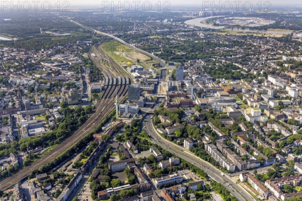 Aerial view, Duisburg central station, construction site Dellviertel, Duisburg, Ruhr area, North Rhine-Westphalia, Germany, railway tracks, railway station, construction work, construction area, construction site, construction project, construction site, DE, Deutsche Bahn AG, Europe, central station, main station, junction station, aerial view, aerial photography, aerial photography, overview, bird's eye view, birds-eyes view, overview