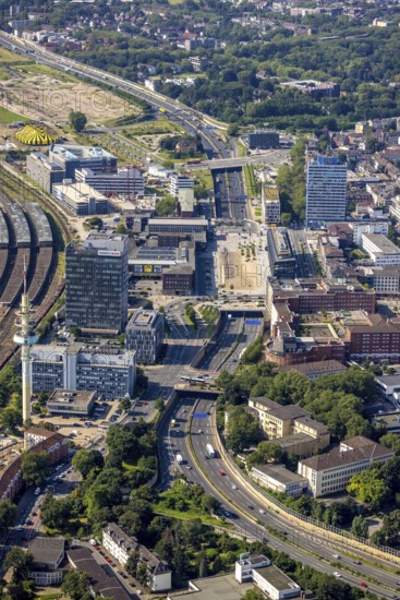 Aerial view, Duisburg main station, construction site Dellviertel, Duisburg, Ruhr area, North Rhine-Westphalia, Germany, construction work, construction area, construction site, building plots, construction project, construction site, DE, Europe, junction station, aerial view, aerial photography, aerial photography, overview, bird's-eye view, overview