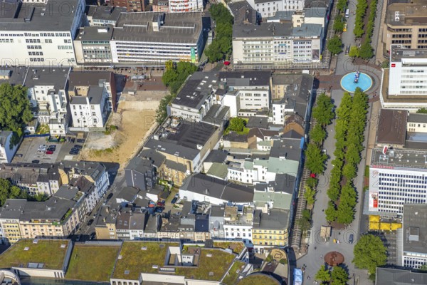 Aerial view, construction project new office building Düsseldorfer Straße at the former city library, pedestrian zone Königstraße, sculpture Lifesaver Duisburg, construction site Börsenstraße, old town, Duisburg, Ruhr area, North Rhine-Westphalia, Germany, construction work, construction area, construction site, building plots, construction project, construction site, DE, Europe, aerial view, aerial photography, aerial photography, sculpture, overview, bird's-eye view, former central library, overview