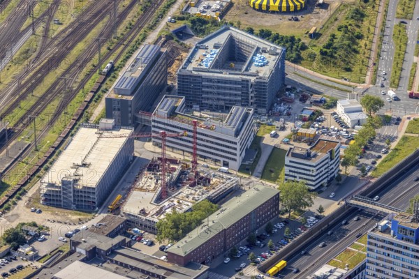 Aerial view, Duisburg main station, construction site Dellviertel, Duisburg, Ruhr area, North Rhine-Westphalia, Germany, construction work, construction area, construction site, building plots, construction project, construction site, DE, Europe, junction station, aerial view, aerial photography, aerial photography, overview, bird's-eye view, overview