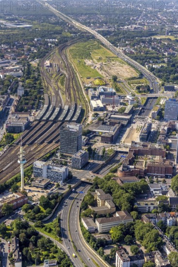Aerial view, Duisburg central station, construction site Dellviertel, Duisburg, Ruhr area, North Rhine-Westphalia, Germany, railway tracks, railway station, construction work, construction area, construction site, construction project, construction site, DE, Deutsche Bahn AG, Europe, central station, main station, junction station, aerial view, aerial photography, aerial photography, overview, bird's eye view, birds-eyes view, overview