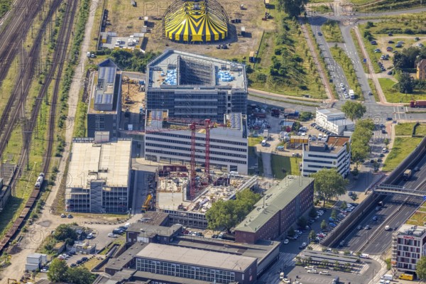 Aerial view, Duisburg main station, construction site Dellviertel, Duisburg, Ruhr area, North Rhine-Westphalia, Germany, construction work, construction area, construction site, building plots, construction project, construction site, DE, Europe, junction station, aerial view, aerial photography, aerial photography, overview, bird's-eye view, overview