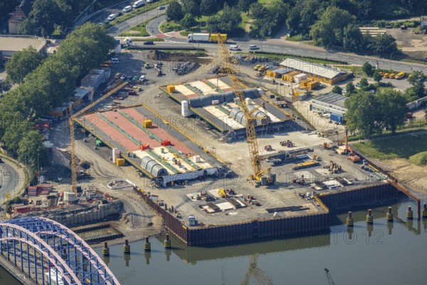 Aerial view, Ruhrort harbour, Karl-Lehr-Bridge, construction site Am Brink corner Kaßlerfelder Straße, Ruhrort, Duisburg, Ruhr area, North Rhine-Westphalia, Germany, construction work, construction area, construction site, building plots, construction project, construction site, inland port, bridge, DE, Europe, harbour, aerial view, aerial photography, aerial photography, overview, bird's eye view, birds-eyes view, overview