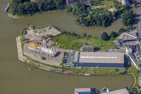 Aerial view, Ruhrort harbour, construction site Alte Duisburger Straße, Alter Ringhafen, Ruhrort, Duisburg, Ruhr area, North Rhine-Westphalia, Germany, construction work, construction area, construction site, building plots, construction project, construction site, inland port, DE, Europe, harbour, aerial view, aerial photography, aerial photography, new building, overview, bird's-eye view, overview