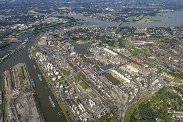 Aerial view, Ruhrort harbour, DUSS terminal, harbour canal, river Ruhr mouth into the river Rhine, Ruhrort, Duisburg, Ruhr area, North Rhine-Westphalia, Germany, inland port, DE, Europe, harbour, aerial view, aerial photography, aerial photography, overview, bird's-eye view, overview