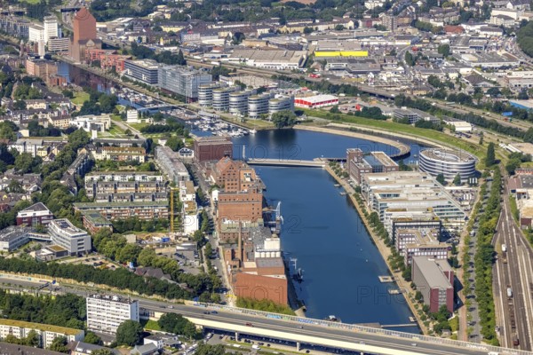 Aerial view, Inner Harbour The Curve and Marina, Five Boats Houses, Landesarchiv North Rhine-Westphalia, Museum Küppersmühle für Moderne Kunst, Altstadt, Duisburg, Ruhr area, North Rhine-Westphalia, Germany, DE, Europe, aerial view, aerial photography, aerial photography, museum, overview, bird's-eye view, birds-eyes view, overview