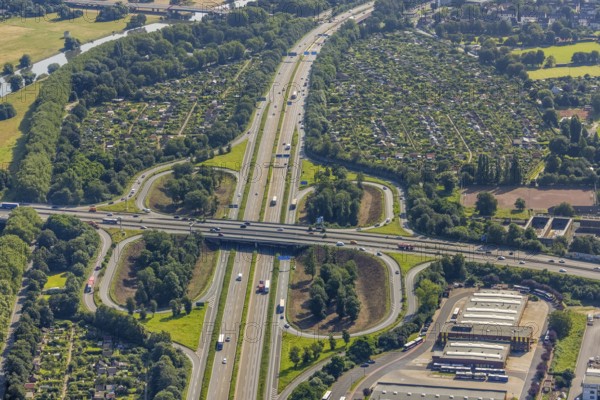 Aerial view, motorway junction Duisburg, A40 and A59, allotment garden association Duissern, allotment garden association Ruhrperle, allotment garden association Neuland, Duissern, Duisburg, Ruhr area, North Rhine-Westphalia, Germany, motorway A40, motorway A59, motorway bridge, bridge, DE, Europe, community garden, KGV, allotment garden, allotment garden site, allotment garden association, aerial view, aerial photography, aerial photography, allotment garden, overview, bird's-eye view, overview