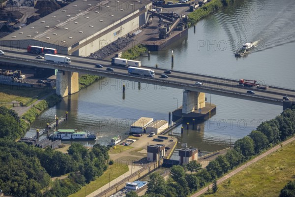 Aerial view, flood river Rhine, Rhine-Herne-Canal with motorway bridge A59 at the lock Meiderich, Kaßlerfeld, Duisburg, Ruhr area, North Rhine-Westphalia, Germany, motorway bridge, bridge, DE, Europe, flood, flood of the century, aerial view, aerial photography, aerial photography, gauge Duisburg, Rhine flood, heavy rain, overview, bird's eye view, birds-eyes view, overview, flooding