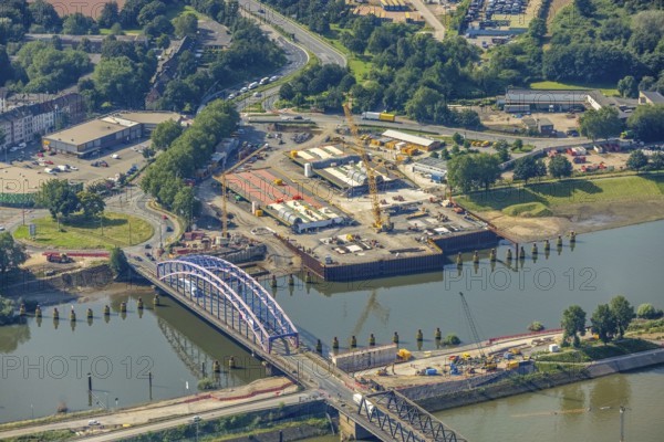 Aerial view, Ruhrort harbour, Karl-Lehr-Bridge, construction site Am Brink corner Kaßlerfelder Straße, Ruhrort, Duisburg, Ruhr area, North Rhine-Westphalia, Germany, construction work, construction area, construction site, building plots, construction project, construction site, inland port, bridge, DE, Europe, harbour, aerial view, aerial photography, aerial photography, overview, bird's eye view, birds-eyes view, overview