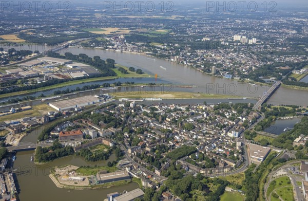 Aerial view, flood river Rhine, Ruhr estuary into the Rhine, Friedrich-Ebert-Bridge, Rhine orange sculpture, Ruhrort, Duisburg, Ruhr area, North Rhine-Westphalia, Germany, bridge, DE, Europe, flood, flood of the century, art, aerial view, aerial photography, aerial photography, water level Duisburg, Rhine flood, sight, heavy rain, overview, bird's-eye view, overview, flooding