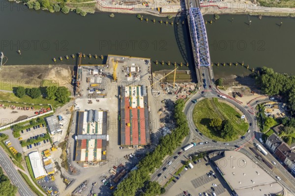Aerial view, Ruhrort harbour, Karl-Lehr-Bridge, construction site Am Brink corner Kaßlerfelder Straße, Ruhrort, Duisburg, Ruhr area, North Rhine-Westphalia, Germany, construction work, construction area, construction site, building plots, construction project, construction site, inland port, bridge, DE, Europe, harbour, roundabout, roundabout, aerial view, aerial photography, aerial photography, overview, bird's-eye view, overview