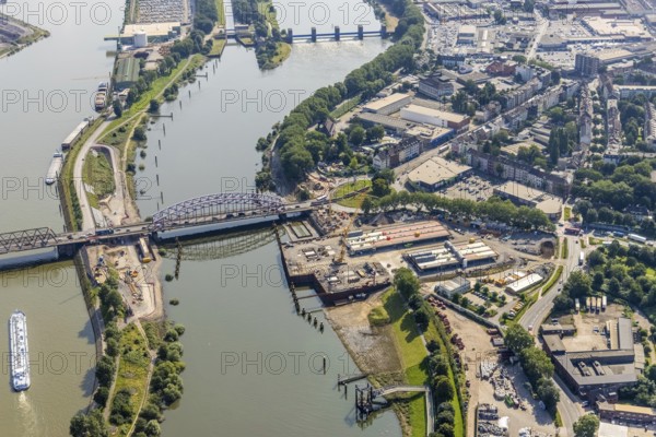 Aerial view, Ruhrort harbour, Karl-Lehr-Bridge, construction site Am Brink corner Kaßlerfelder Straße, Ruhrort, Duisburg, Ruhr area, North Rhine-Westphalia, Germany, construction work, construction area, construction site, building plots, construction project, construction site, inland port, bridge, DE, Europe, harbour, roundabout, roundabout, aerial view, aerial photography, aerial photography, overview, bird's-eye view, overview