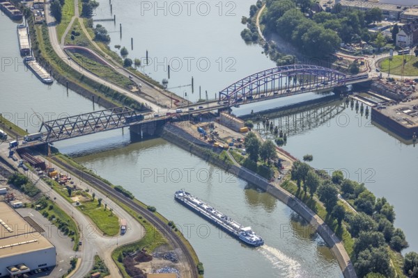 Aerial view, flood river Rhine and river Ruhr with Karl-Lehr-Bridge, Ruhrorter Straße, Kaßlerfeld, Duisburg, Ruhr area, North Rhine-Westphalia, Germany, container ships, DE, Europe, flood, flood of the century, aerial photograph, aerial photography, aerial photography, water level Duisburg, Rhine flood, heavy rain, overview, bird's-eye view, overview, flooding